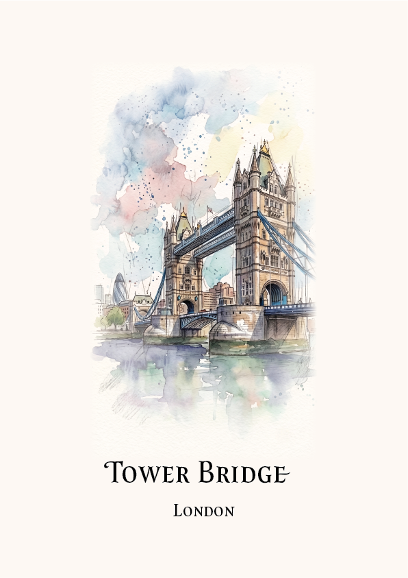 Watercolour-style travel art print of Tower Bridge in London, with the bridge illustrated above the text 'TOWER BRIDGE' and 'LONDON' on a light cream background.