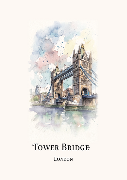 Watercolour-style travel art print of Tower Bridge in London, with the bridge illustrated above the text 'TOWER BRIDGE' and 'LONDON' on a light cream background.