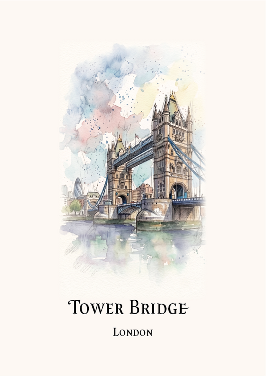 Watercolour-style travel art print of Tower Bridge in London, with the bridge illustrated above the text 'TOWER BRIDGE' and 'LONDON' on a light cream background.