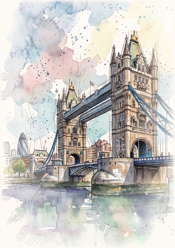 Watercolour painting of London's Tower Bridge with soft pastel splashes in blue, pink, green, and beige tones.