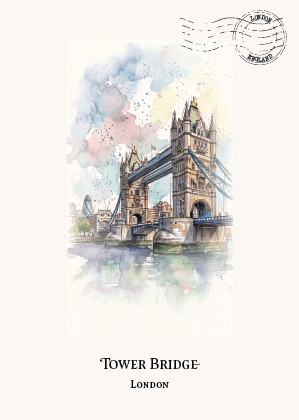 Watercolour art print of Tower Bridge in London, featuring a painted bridge over reflective water with a postmark illustration in the upper right and the text 'TOWER BRIDGE LONDON' at the bottom.
