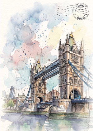 Watercolour painting of London's Tower Bridge over the Thames, with soft blue, pink, and beige washes, a postmark stamp in the upper right, and faint city skyline elements in the background.
