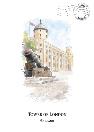 Watercolour-style illustration of the Tower of London with a large cannon in the foreground, pale stone building, blue sky, and a postmark in the upper right with text saying Tower of London, England