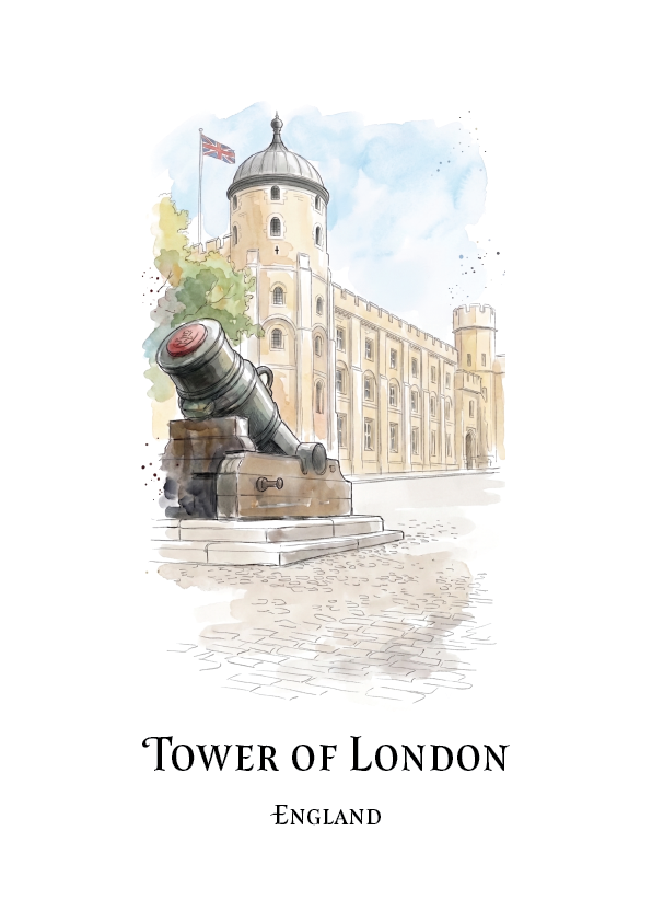 Watercolour-style travel art print of the Tower of London in England, showing a cannon in the foreground, the stone tower and buildings, and the text 'TOWER OF LONDON' and 'ENGLAND' below on a white background.