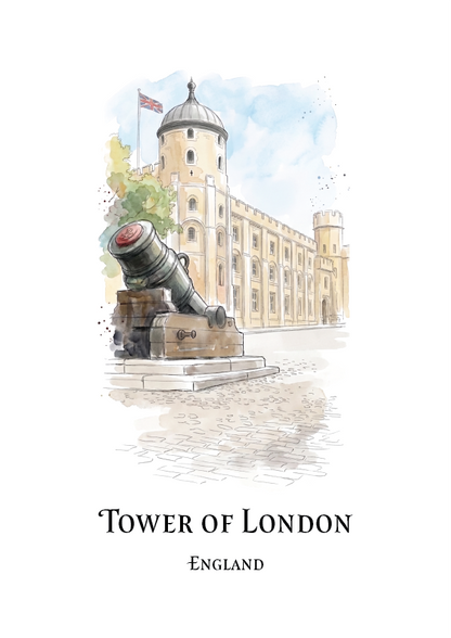 Watercolour-style travel art print of the Tower of London in England, showing a cannon in the foreground, the stone tower and buildings, and the text 'TOWER OF LONDON' and 'ENGLAND' below on a white background.