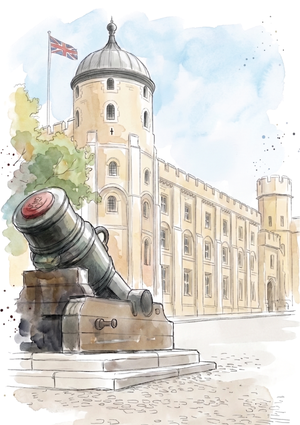 Watercolour-style illustration of the Tower of London with a large cannon in the foreground, pale stone building, blue sky, and a small Union Jack flag.