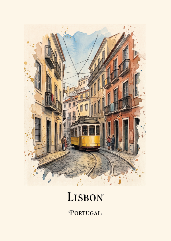A travel art print of Lisbon, Portugal, featuring a watercolor-style illustration of a yellow streetcar on a cobblestone street between historic buildings. The text 'LISBON' and 'PORTUGAL' is printed below the illustration on a cream-colored background.