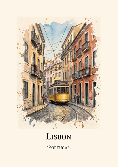 A travel art print of Lisbon, Portugal, featuring a watercolor-style illustration of a yellow streetcar on a cobblestone street between historic buildings. The text 'LISBON' and 'PORTUGAL' is printed below the illustration on a cream-colored background.