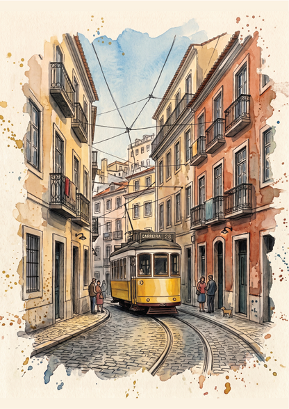 Watercolour-style illustration of a narrow cobblestone street lined with old buildings, featuring a yellow tram traveling down the tracks under overhead wires. Small figures of people appear at the sidewalks, and the scene is rendered in warm beige, orange, brown, and soft blue tones with paint-splatter accents around the edges.