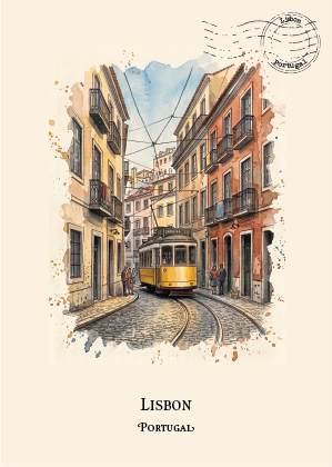 A watercolour-style travel art print postcard of Lisbon, Portugal, featuring a yellow street tram on a cobblestone street between historic buildings, with a cream background and the text 'LISBON PORTUGAL' below the illustration.