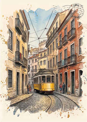Watercolour-style illustration on a postcard of a narrow city street with a yellow tram traveling down cobblestone tracks between tall buildings with balconies. The scene has a vintage, hand-drawn look with watercolor splashes and a circular stamp motif in the upper right.
