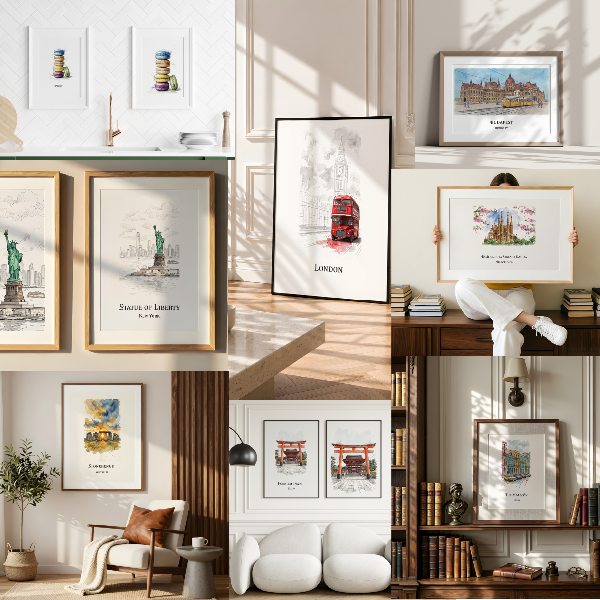 A triptych-style interior scene showing  framed art travel prints displayed in different home environments: a library shelf setting, a bright kitchen wall above a green cabinet, and a living room with a chair and plant. The prints feature colourful watercolor-style illustrations.