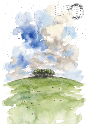 Watercolour landscape art print postcard featuring a green grassy field with a small cluster of trees on a hill under a blue and beige watercolor sky with a postage stamp graphic in the upper right.