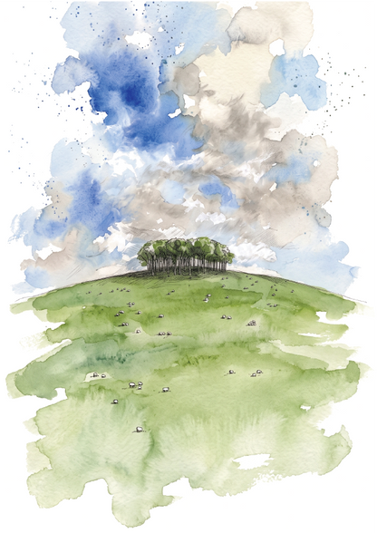 Watercolour landscape painting of a green hill with a small cluster of trees on top, known locally as the Nearly Home Trees on the Devon/Cornwall border, under a blue, white, and grey cloudy sky.