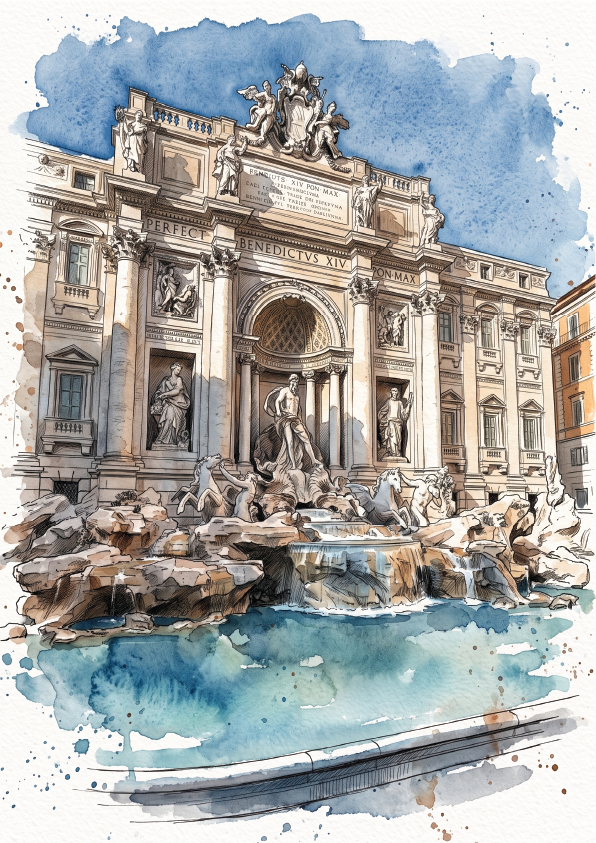 Watercolour and ink illustration of the Trevi Fountain in Rome, showing the neoclassical facade, statues, rocks, and blue water against a white background with blue watercolor washes.