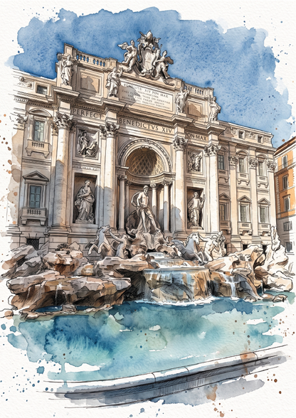 Watercolour and ink illustration of the Trevi Fountain in Rome, showing the neoclassical facade, statues, rocks, and blue water against a white background with blue watercolor washes.