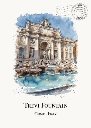 Watercolour-style travel art postcard of Trevi Fountain in Rome, Italy, with the fountain and classical architecture rendered in blue, beige, and brown tones on an off-white background. A circular postmark graphic appears in the upper right, and the text 'Trevi Fountain' and 'Rome - Italy' is printed below.