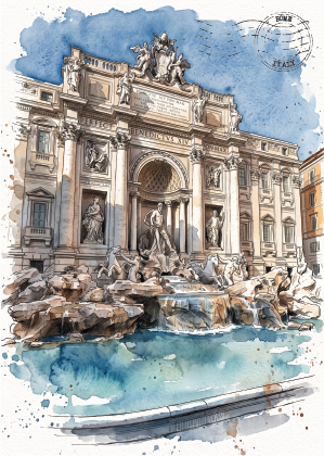 Watercolour and ink sketch of the Trevi Fountain in Rome, with blue water, beige stone architecture, and a postmark stamp in the upper right corner.