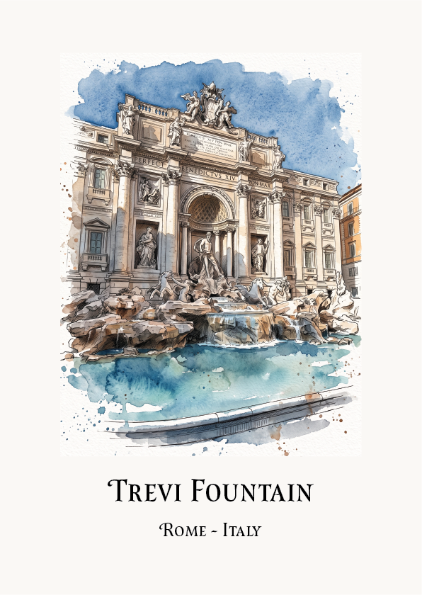 Watercolour art print of the Trevi Fountain in Rome, Italy, featuring a detailed architectural illustration with blue water accents and text below reading 'Trevi Fountain' and 'Rome - Italy'.