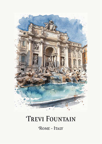 Watercolour art print of the Trevi Fountain in Rome, Italy, featuring a detailed architectural illustration with blue water accents and text below reading 'Trevi Fountain' and 'Rome - Italy'.