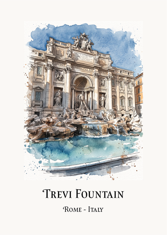 Watercolour art print of the Trevi Fountain in Rome, Italy, featuring a detailed architectural illustration with blue water accents and text below reading 'Trevi Fountain' and 'Rome - Italy'.