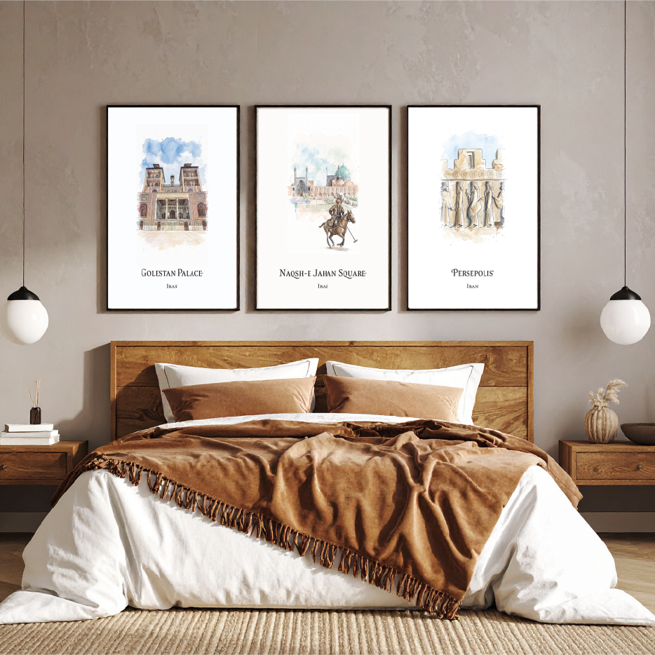 A styled bedroom scene with a wooden bed, white bedding, and a brown throw blanket, set against a textured beige wall with three framed Travel posters of Iran, as art prints above the headboard.