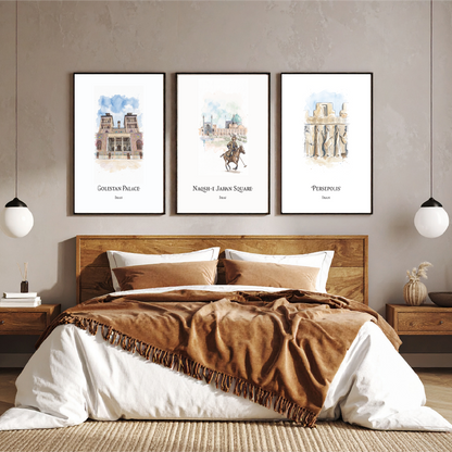 A styled bedroom scene with a wooden bed, white bedding, and a brown throw blanket, set against a textured beige wall with three framed Travel posters of Iran, as art prints above the headboard.