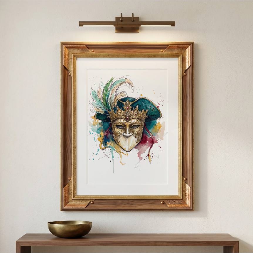 Framed wall art featuring a colourful watercolour-style masquerade mask, displayed on a beige wall above a wooden console table with a small bowl. A wall-mounted light fixture is visible above the frame.