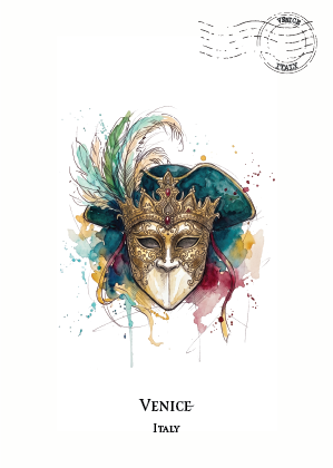 Watercolour-style illustration of a Venetian mask with teal and gold feathers, printed on a white background with the text 'VENICE ITALY' below and a postage stamp graphic at the top right.