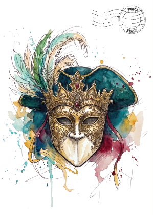 Watercolour-style illustration of a decorative Venetian-style mask with a gold face, teal hat, and colorful feather accents on a white background with paint splashes and a postage stamp motif.