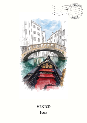 A watercolour-style Venice illustration printed on a white postcard , showing a gondola in a canal with a stone bridge and buildings in the background. The word 'VENICE' and 'ITALY' appear below the artwork.