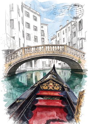 A watercolour-style Venice illustration printed on a white postcard , showing a gondola in a canal with a stone bridge and buildings in the background with a vintage postmark, Venice Italy in teh top right corner.