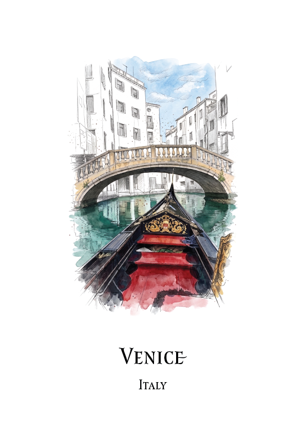 Watercolour-style travel art print of Venice, Italy, showing a gondola on a canal with a stone bridge and white buildings in the background. The word 'VENICE' and 'ITALY' are printed below the artwork on a white background.