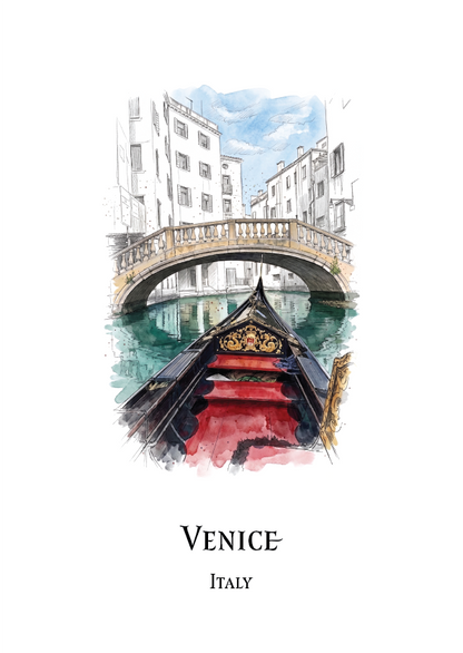 Watercolour-style travel art print of Venice, Italy, showing a gondola on a canal with a stone bridge and white buildings in the background. The word 'VENICE' and 'ITALY' are printed below the artwork on a white background.