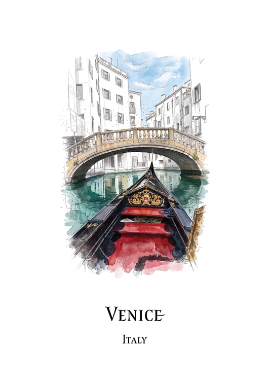 Watercolour-style travel art print of Venice, Italy, showing a gondola on a canal with a stone bridge and white buildings in the background. The word 'VENICE' and 'ITALY' are printed below the artwork on a white background.