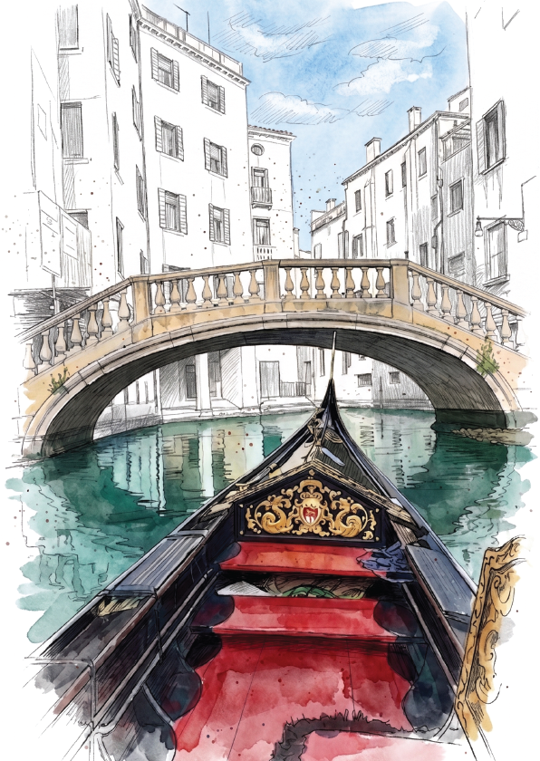 Watercolour and ink sketch of a Venice canal scene with a gondola in the foreground, an arched bridge, white buildings, and blue sky.