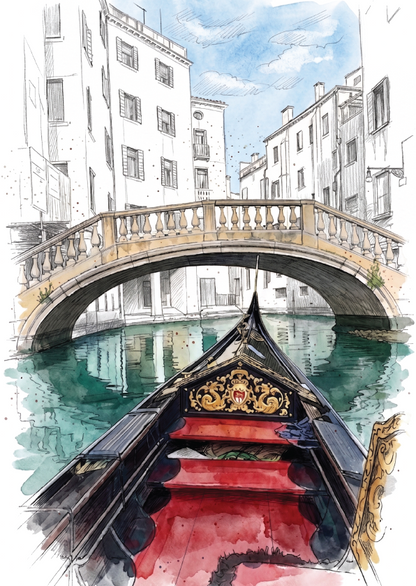 Watercolour and ink sketch of a Venice canal scene with a gondola in the foreground, an arched bridge, white buildings, and blue sky.