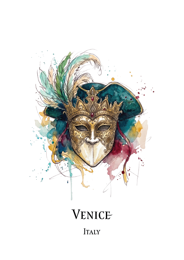 Watercolour-style art print travel poster  featuring a Venetian masquerade mask with teal feathers and a teal hat, above the text 'VENICE' and 'ITALY' on a white background.