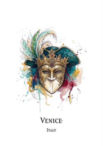 Watercolour-style art print travel poster  featuring a Venetian masquerade mask with teal feathers and a teal hat, above the text 'VENICE' and 'ITALY' on a white background.