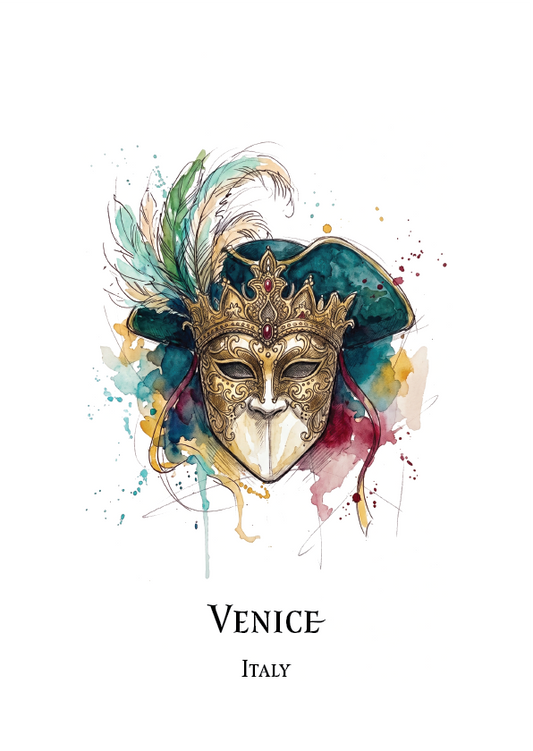 Watercolour-style art print travel poster  featuring a Venetian masquerade mask with teal feathers and a teal hat, above the text 'VENICE' and 'ITALY' on a white background.