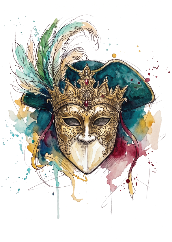 Watercolour-style illustration of a decorative Venetian-style mask with gold detailing, a teal hat, and teal and cream feathers on a white background with colorful paint splashes.