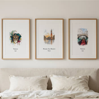 Three framed art prints depicting Venice landmarks (Sforza Bridge, St. Mark's Square, Venice Mask) are displayed on a beige wall above a minimalist bed with white linens.