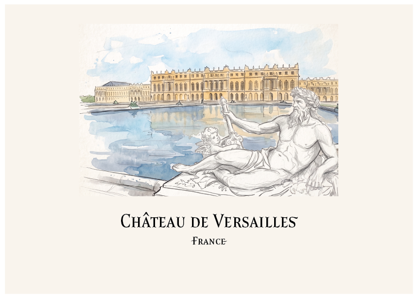 A watercolour and sketch illustration of the Château de Versailles in France, showing the grand palace reflected in the water with a classical statue in the foreground, centered on a warm cream background with the text 'CHÂTEAU DE VERSAILLES' and 'FRANCE' below.