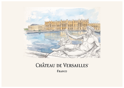 A watercolour and sketch illustration of the Château de Versailles in France, showing the grand palace reflected in the water with a classical statue in the foreground, centered on a warm cream background with the text 'CHÂTEAU DE VERSAILLES' and 'FRANCE' below.
