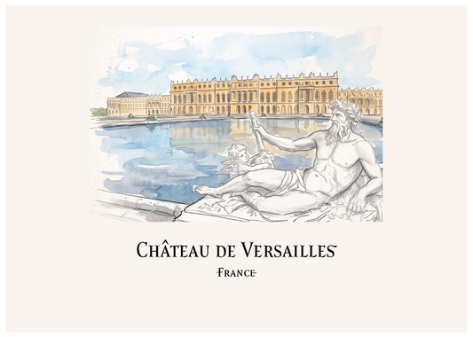 A watercolour and sketch illustration of the Château de Versailles in France, showing the grand palace reflected in the water with a classical statue in the foreground, centered on a warm cream background with the text 'CHÂTEAU DE VERSAILLES' and 'FRANCE' below.