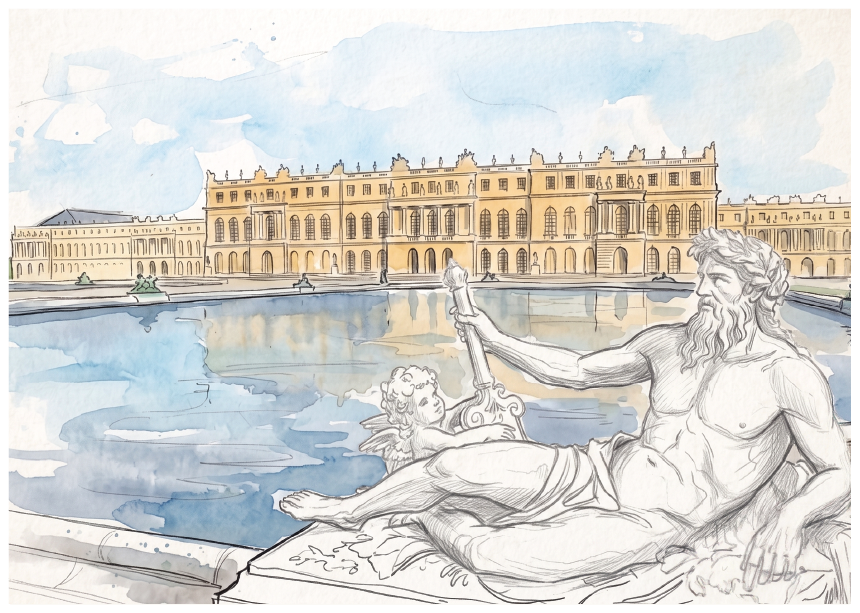Watercolour and ink sketch of a grand classical palace reflected in a large courtyard pool, with a seated male statue in the foreground and a small cherub detail.