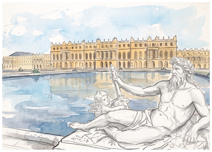 Watercolour and ink sketch of a grand classical palace reflected in a large courtyard pool, with a seated male statue in the foreground and a small cherub detail.