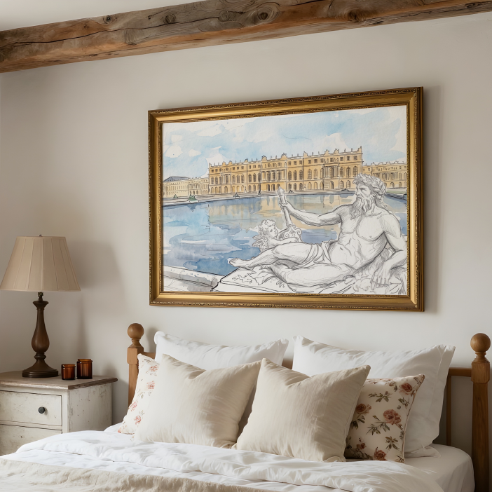 A framed art print depicting a classical scene with the Palce of Versailles and water, with a statue lay on his side in terh bottom right of the image,  styled in a bedroom above a wooden bed with cream bedding.