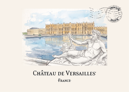 A postcard-style illustration of the Château de Versailles in France, showing a large classical palace by a reflective lake with a white marble statue in the foreground. The postcard has a cream background, black text reading 'CHÂTEAU DE VERSAILLES FRANCE,' and a circular postmark in the upper right.