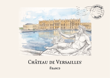 A postcard-style illustration of the Château de Versailles in France, showing a large classical palace by a reflective lake with a white marble statue in the foreground. The postcard has a cream background, black text reading 'CHÂTEAU DE VERSAILLES FRANCE,' and a circular postmark in the upper right.